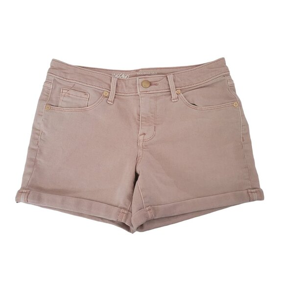 Mossimo Mid Rise Midi Jean Shorts Womens Size 4 Pink Super Stretch Denim Cuffed - Picture 1 of 4